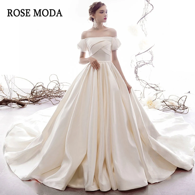 

Rose Moda Classic Off the Shoulder Satin Princess Wedding Dress with Long Train Lace Up Back Vintage Ball Gown