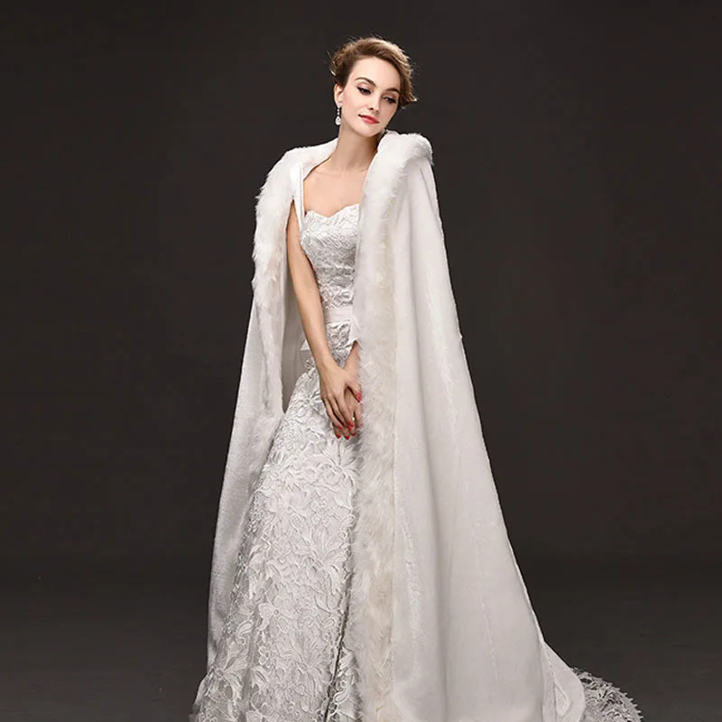 Top Quality Winter Wedding Long Cloak Fur Hooded Capes With Faux Edge Bridal White Bride Poncho Wraps | Женская одежда
