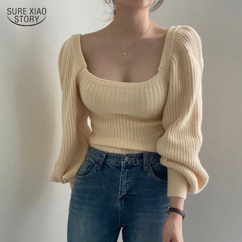 

Solid Knitted Warm Top Women's Long-sleeved Loose Sweater Women Retro Temperament Square Neck Puff Sleeve Women's Sweater 16141