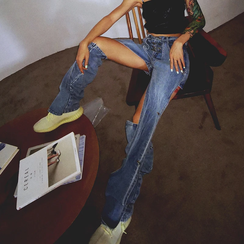 

Asymmetric Pant For Women Hole Hollow Out Street Wear Large Size Loose Wide Leg Denim Pants Female 2020 Fashion New Clothes K848
