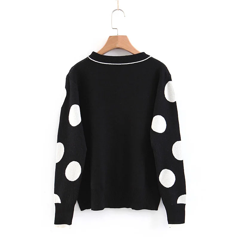 women sweater knitted long sleeve black white polka dot cardigans loose V neck autumn winter elegant M0086 |