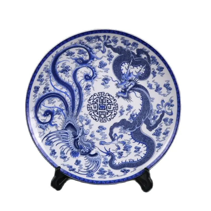 

Chinese Old Porcelain Blue And White Dragon And Phoenix Pattern Appreciation Plate
