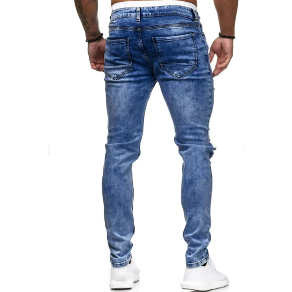 Рваные джинсы для мужчин повседневные облегающие брюки slim Fit из денима в