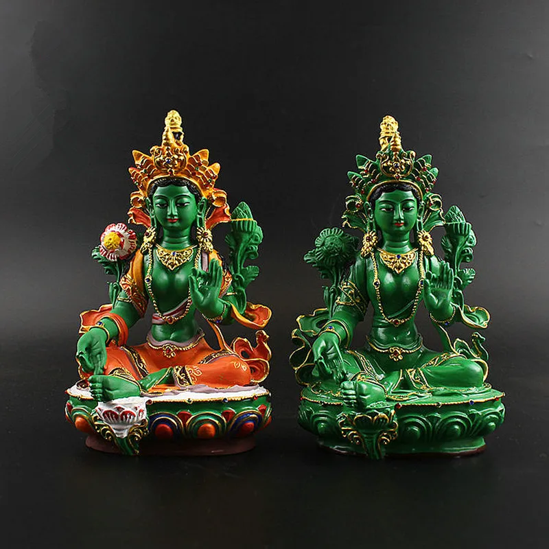 Big 21.5cm Resin Green/Colored Painted Talisman Efficacious Family Protection Green Tara Bodhisattva Buddha Statue Figurine