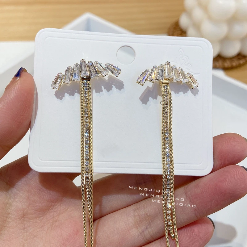 

MENGJIQIAO Korean Hot Sale Geometric Zircon Drop Earrings For Women Fashion Rhinestone Long Tassel Pendientes Party Jewelry