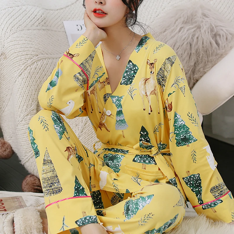 Пижама женская милые женские пижамы 2 шт. пижама теплая с длинными рукавами