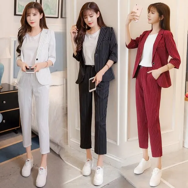 

Work Pant Suits OL 2 Piece Sets Double Breasted Striped Blazer Jacket & Zipper Trousers Suit For Women Set Feminino Spring