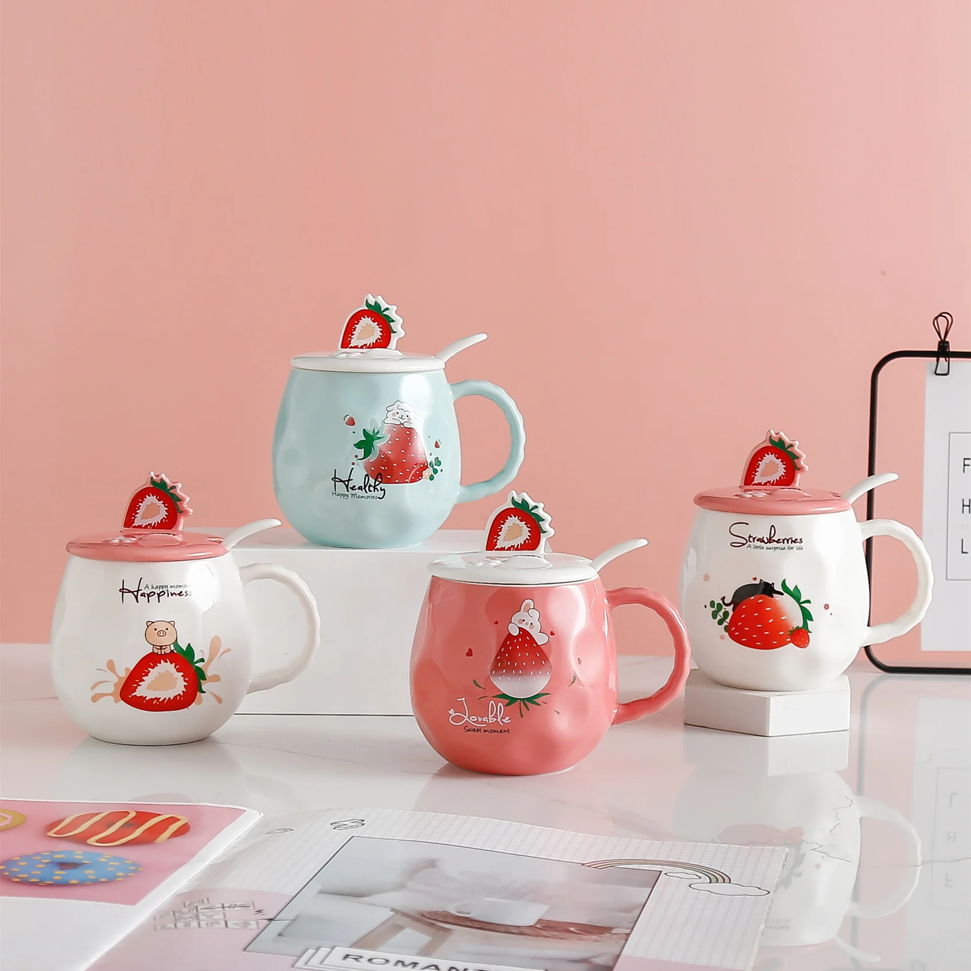 

Strawberry Mug Cartoon Cute Pet Fruit Printed Water Bottle with Cover and Spoon Ceramic Mobile Phone Bracket Cover Coffee Cup