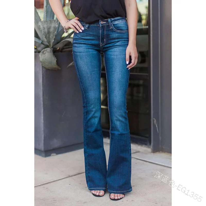 

WEPBEL Slim-Fit Jeans Women's Casual Solid Color Buttoned Jeans Summer Mid-Waist Pocket Stitching Denim Flare Pants