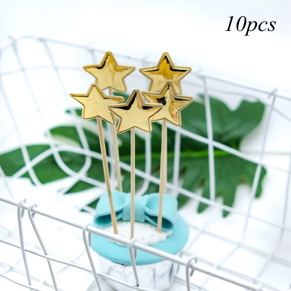 Gold star 10 шт./лот Блестящий Топпер для торта звезды и сердце и корона детский душ декор для дня рождения Свадебный декор кекса топперы - Цвет: Gold star