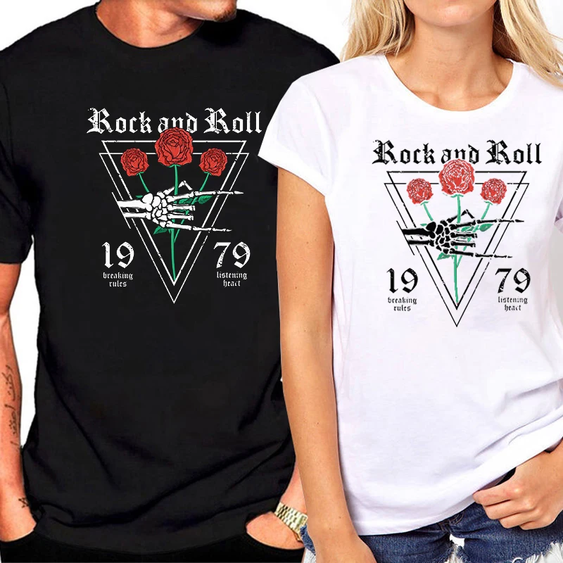 Rock and Roll Rose Printing Women's Summer Tee Round Neck Clothes Daily Casual Sport Breathable Couple T-Shirt