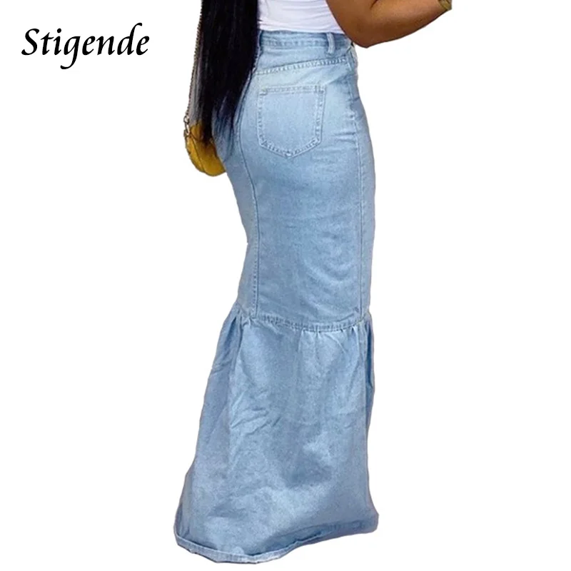 Женская джинсовая юбка с завышенной талией на пуговицах спереди|Женские юбки| |