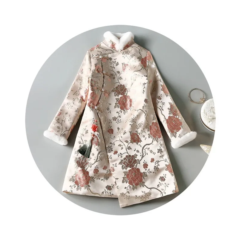 

2020 New Women's Cheongsam Coat Coat Irregular Mid-Length QuiltedCoat Rabbit FurStand-Up Collar Warm Jacquard Winter Coat Women