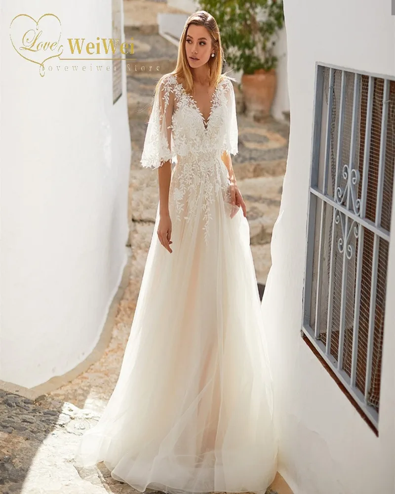 

Boho Wedding Dress Plus Size A-Line V-Neck Sheer Half Flared Sleeves Train Open Back Lace Appliques Vestidos De Novia 2020