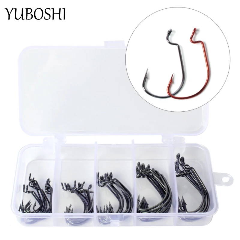 

50/Pcs High Quality Fishing Soft Worm Hook High Carbon Hook Red/Black Barbed Fishing Hook Set Fishing Tackle