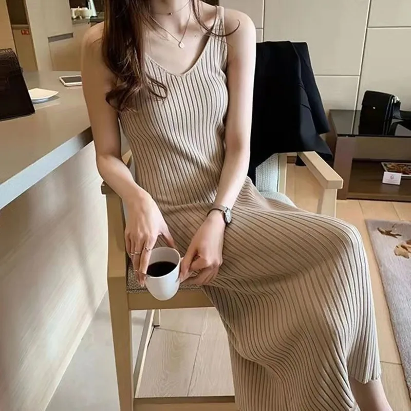

2021 Women's Elegant Knitted Tank Dress Slimming Basic V Neckline Ribbed Long Dresses Solid Off Shoulder Robe Dress