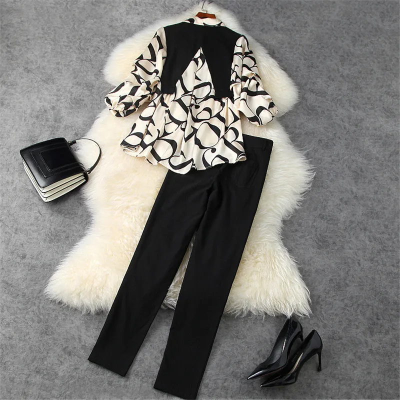 

High Quality Spring Elegant Lady Office Outfits Letters Print Irregular Blouse and Pants Suit 2 Piece Matching Set Women Twinset