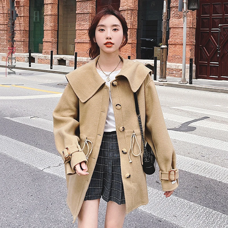 

LANMREM 2021 Winter New Lapel Drawsting Woolen Coat Female Long Sleeve Single Breasted Top Women's Fashion Clothing 2W1473
