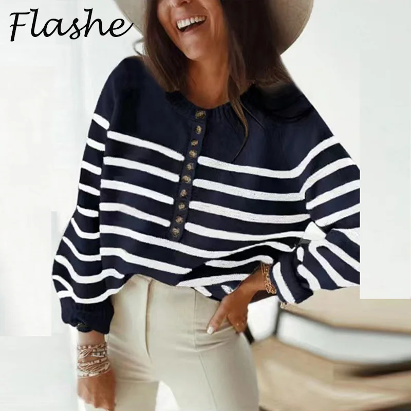 

Осенне-зимний Свободный вязаный свитер, женские свитера в полоску с принтом 2021, женский джемпер оверсайз, женские пуловеры с пуговицами