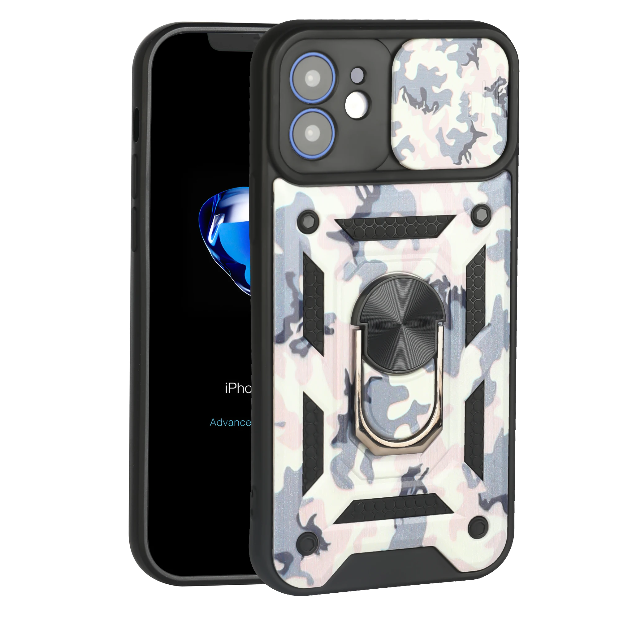 

Phone Case For iPhone 11 12 13 Mini Pro Max Luxury Heavy protection shockproof Armor Camouflage Push window Ring Bracket Cover