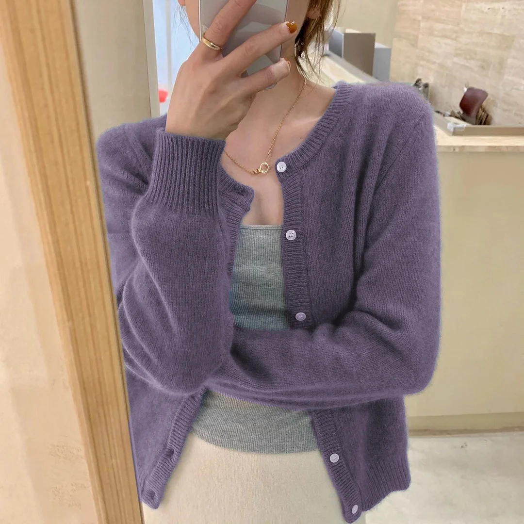 

Raccoon wool knitted cardigan women's 2021 new Korean spring and autumn round neck short purple sweater coat