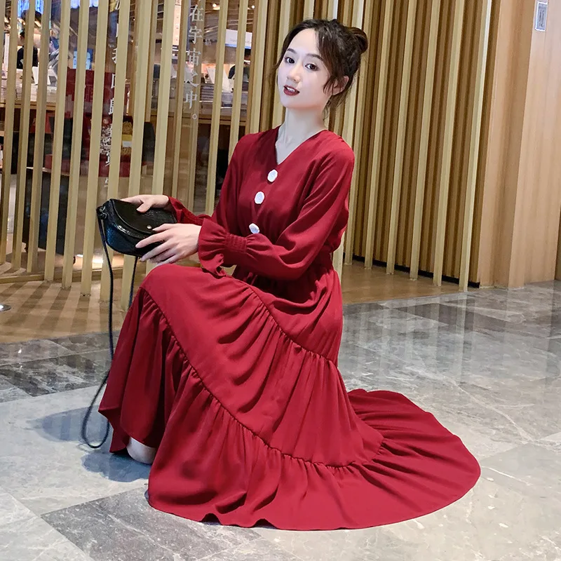

Women Red Black Pleated Chiffon Maternity Dress Loose V Neck Nursing Dress Breastfeeding Pregnant Clothes