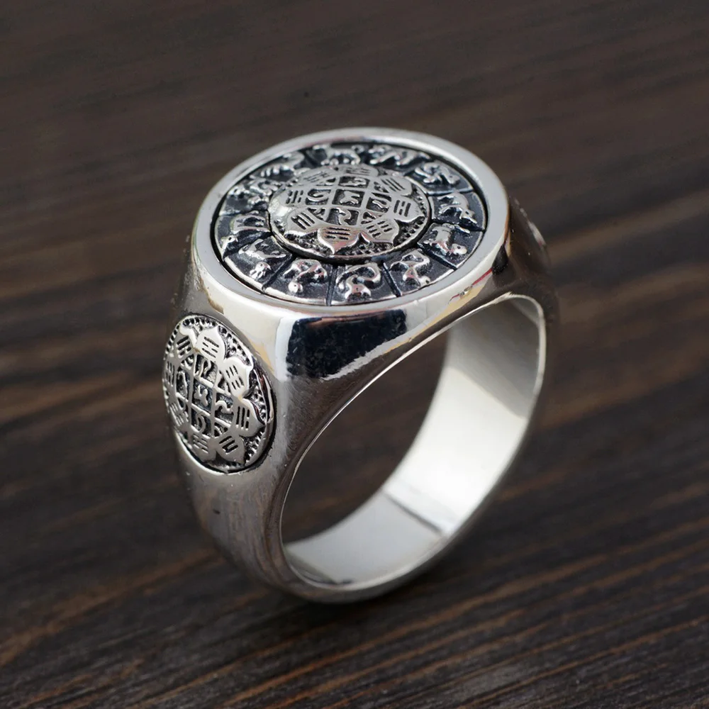 Silver Винтажные 925 пробы серебряные ювелирные изделия, большие мужские кольца, вращающиеся Jiugong Bagua, 12 китайских знаков зодиака - Цвет основного камня: Silver