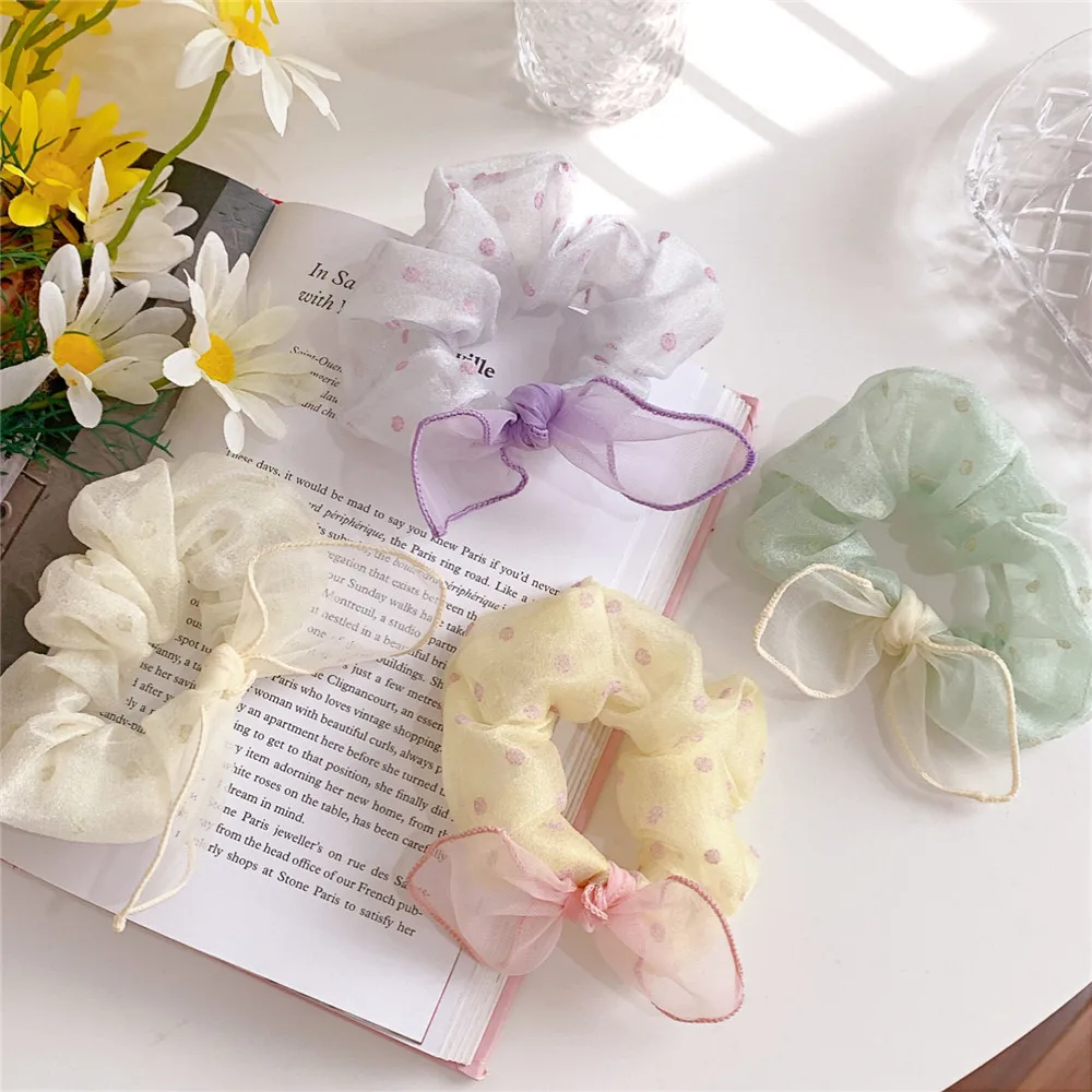 

New Satin Mesh Lace Rabbit Ear Scrunchies Retro Girls Hair Rope Bow Knotted Elastic Hair Band Ponytail Hair Accessories
