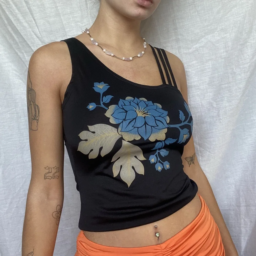 

Hugcitar 2021 Mouwloze Bloemen Vintage Print Sexy Crop Top Zomer Vrouwen Mode Streetwear Outfits Camis Y2K Tees