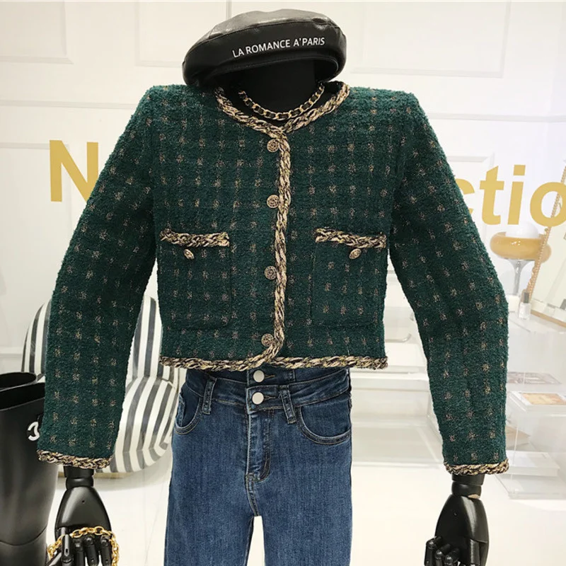 

Retro Autumn 2021 New Luxury Single Breasted Tweed Jacket Short Woolen Coat Women Slim Long Sleeve Korean Plaid Outwear Crop Top