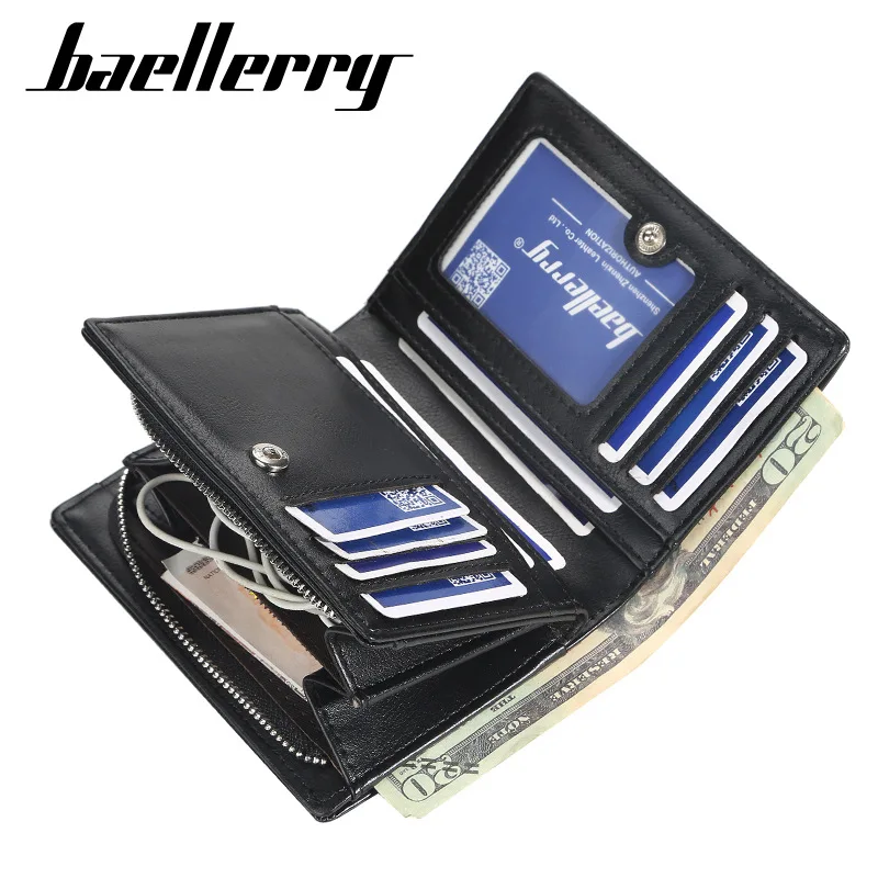 Baellerry, люксовый бренд, мужской кошелек из искусственной кожи, на молнии, с карманом для монет, в винтажном стиле, большая вместительность, мужской короткий кошелек, держатель для карт