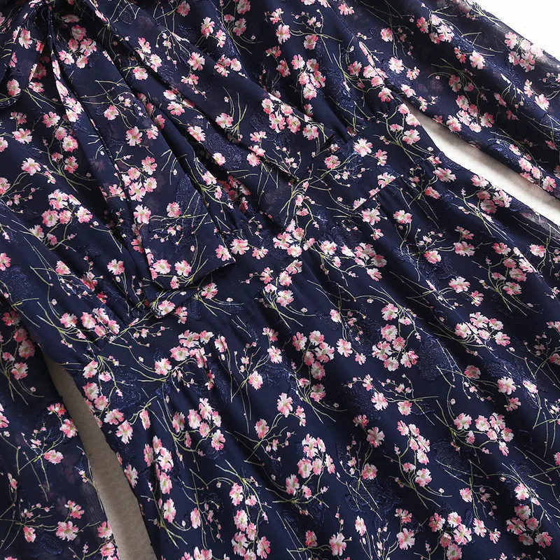 

Elegant Long Sleeve Bow Collar Floral Print Chiffon Dress Women Designers Spring Clothes Vintage Robe Femme Casual Beach Vestido