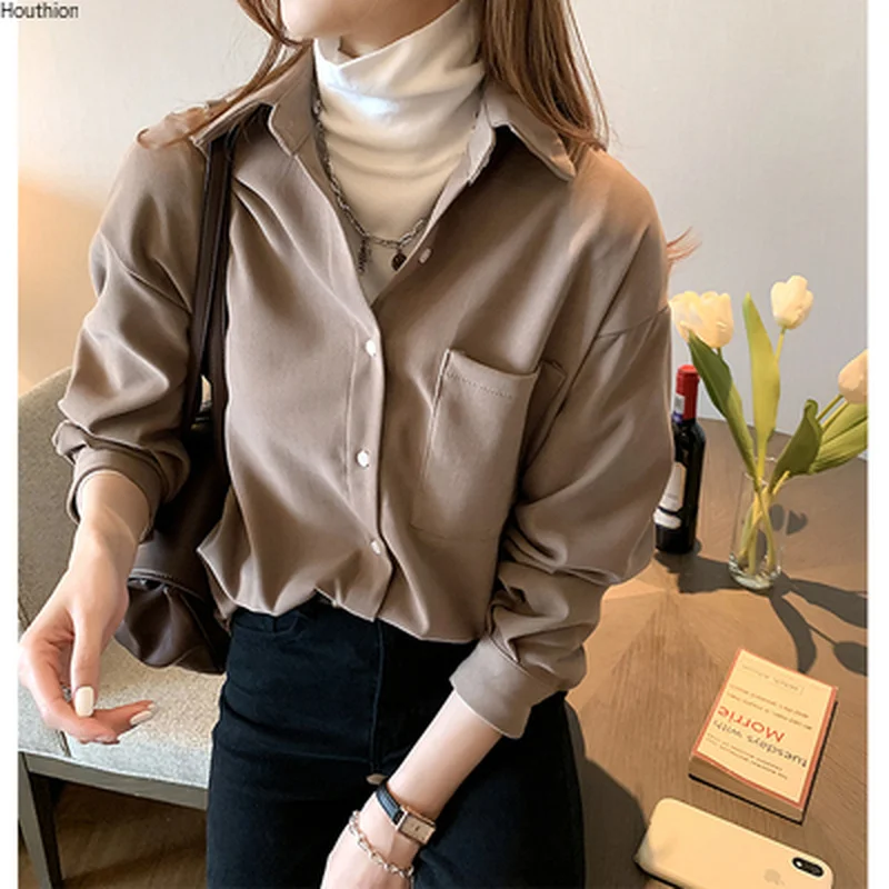 

Houthion New Long-sleeved Women's Blouse Blended Cotton Polo Collar Shirt Fashion Tops Casual Solid Color Plus Size Blusas