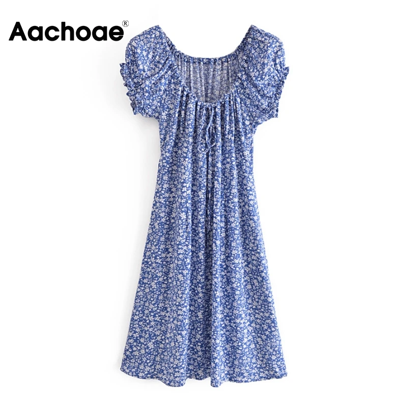 

Aachoae Summer Vintage Floral Print Mini Dress Female Square Collar Butterfly Short Sleeve Sundress Ladies Casual A Line Dresses