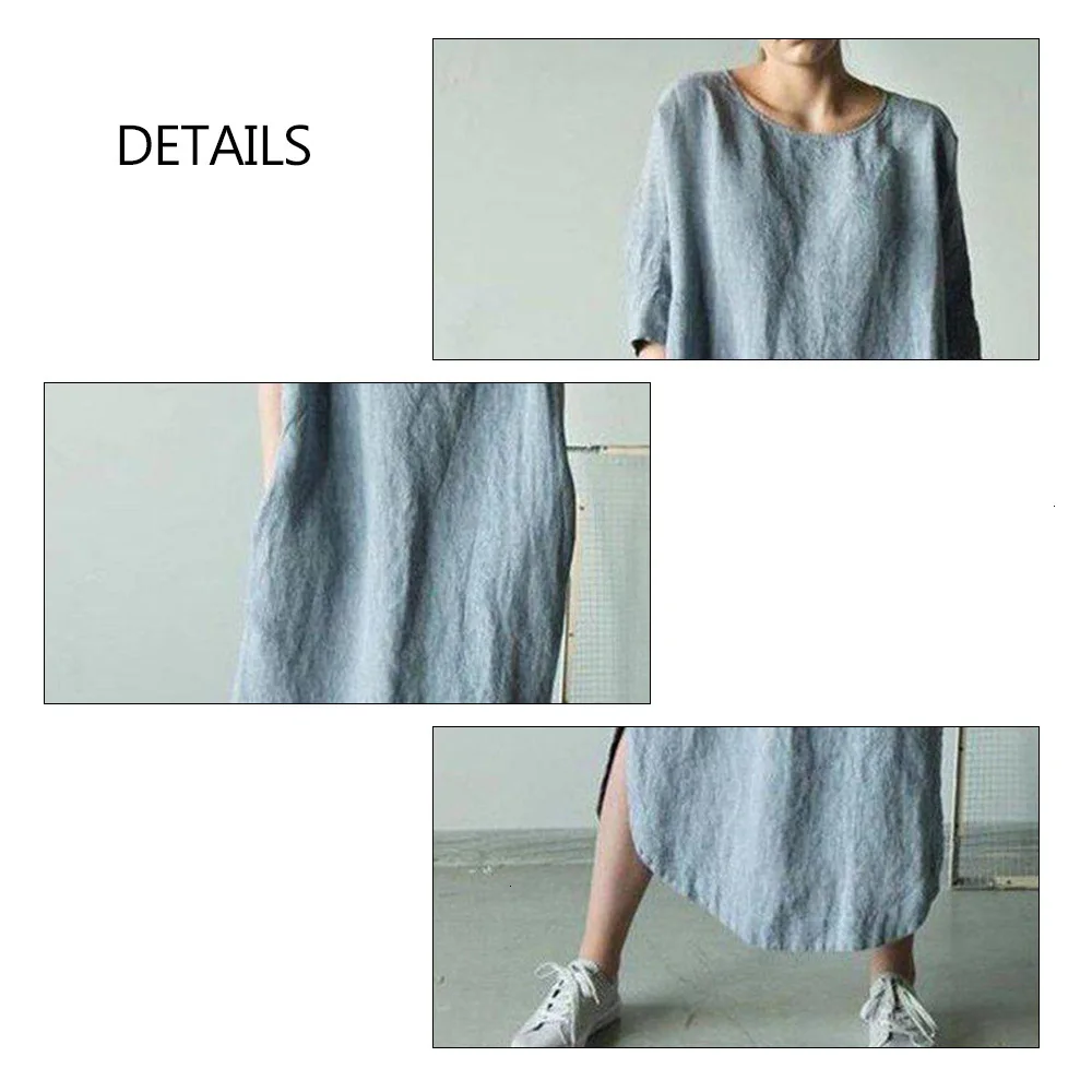 Однотонное вымытое хлопковое женское платье с круглым вырезом и коротким