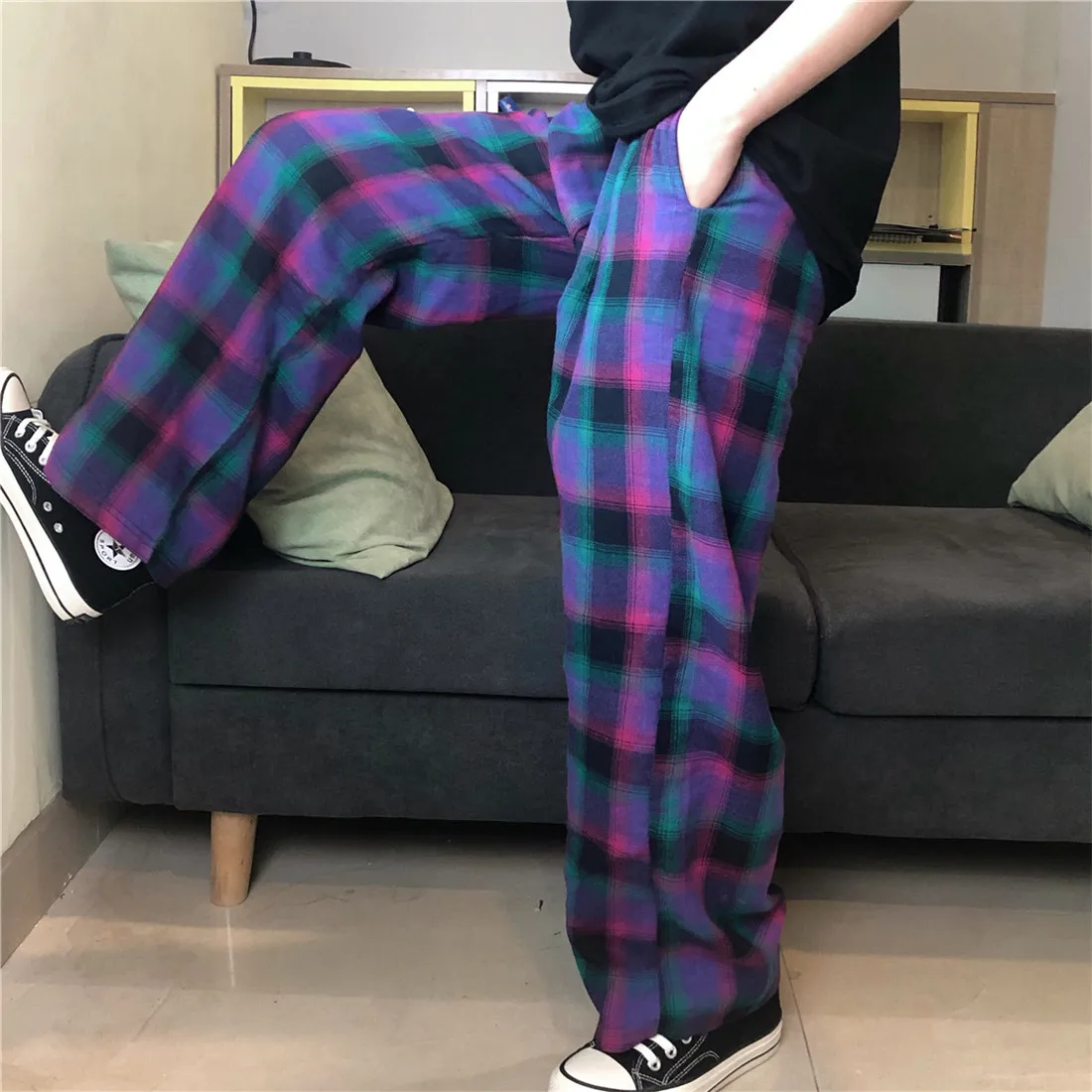 

Summer Clothes For Women2021 Plaid Pants Harajuku Japanese Streetwear Wide-Leg Pants Korean Casual Plaid Pants Women's Trousers