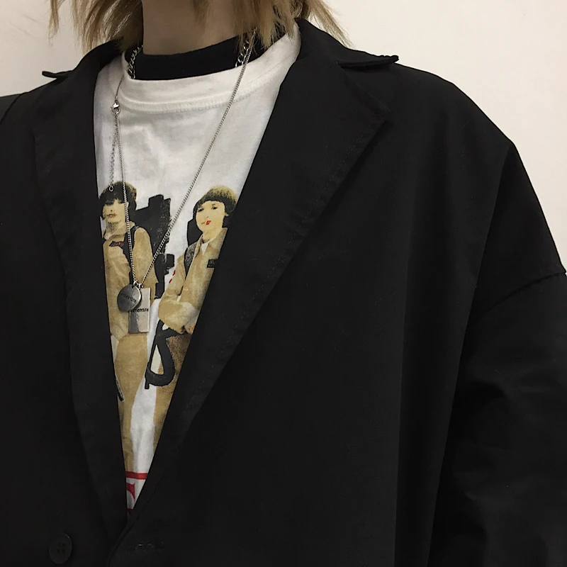 Harajuku Женская куртка уличная Ретро абстрактный принт длинный рукав Свободные пиджаки Харадзюку готический панк Мода черная верхняя одежда унисекс