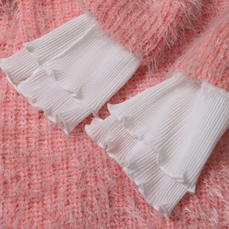 

Japanese Women Layered Ribbed Striped Horn Cuffs Agaric Ruffles Wrinkled Solid Color Detachable Fake Sleeve Wrist Warmer