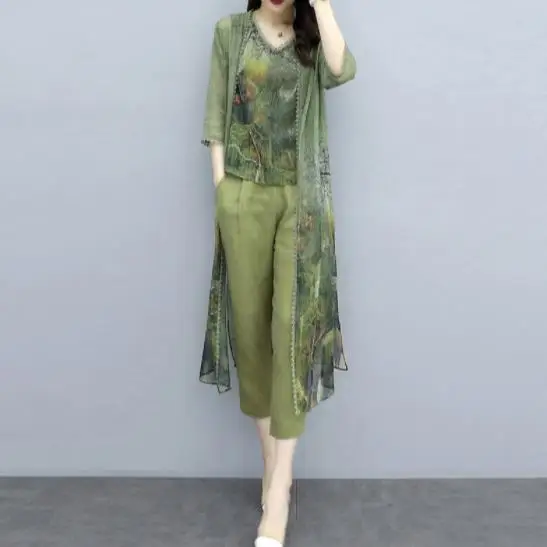 2020 Летний зеленый комплект из 3 предметов с принтом женский жилет плюс размера +