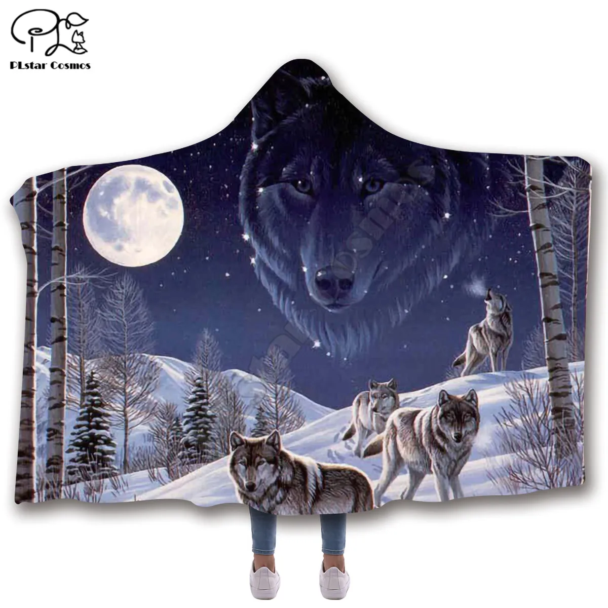 

Wolf head ghost pattern Hooded Blanket Adult colorful child Sherpa Fleece Wearable Blanket Microfiber Bedding style-4