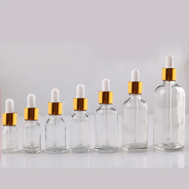 

10pcs/lot 5ml to 50ml lab clear round glass Refined oil bottle with glass droppers golden circle for school experiment