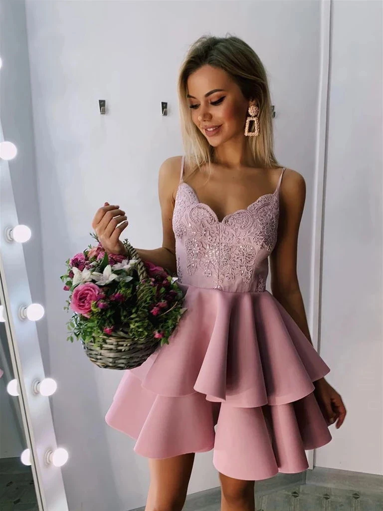 

Spaghetti Straps A Line V Neck Lace Robe Cocktail Graduation Homecoming Dresses 2021 Blush Pink Short Prom Dress