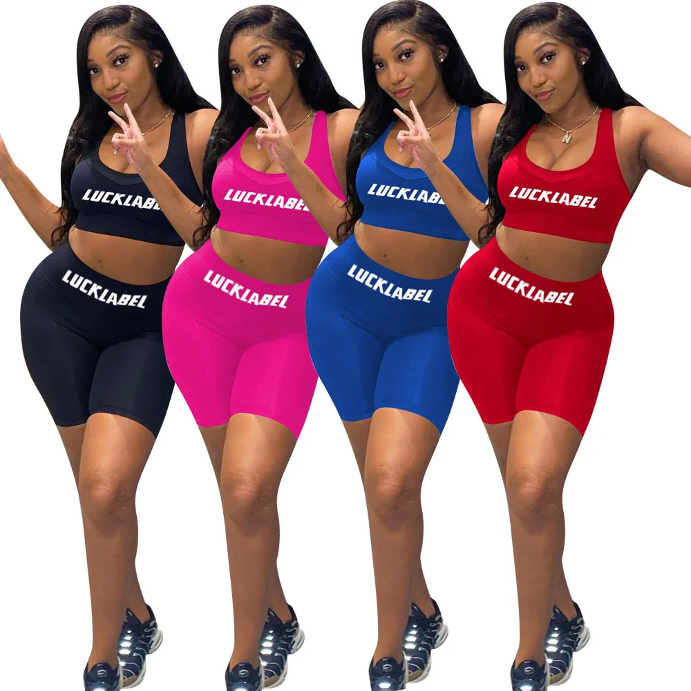 

Luck Label Letter Print Women's Sport Suit Sleeveless Tank Top and Stretchy Skinny Shorts Casual Fitness 2 Piece Matching Sets