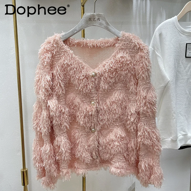 

2021 Autumn New Design Sense Tassel Feather Cardigan Furry Short Coat All-Matching Top for Women Korean Coats Women