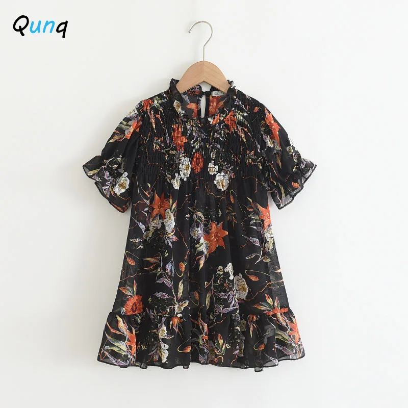 

Qunq Chiffon Girls Floral Dress Black Color Casual Kids Summer Clothes for 2 3 4 5 6 7 Year Toddlers Children Princess Outfit