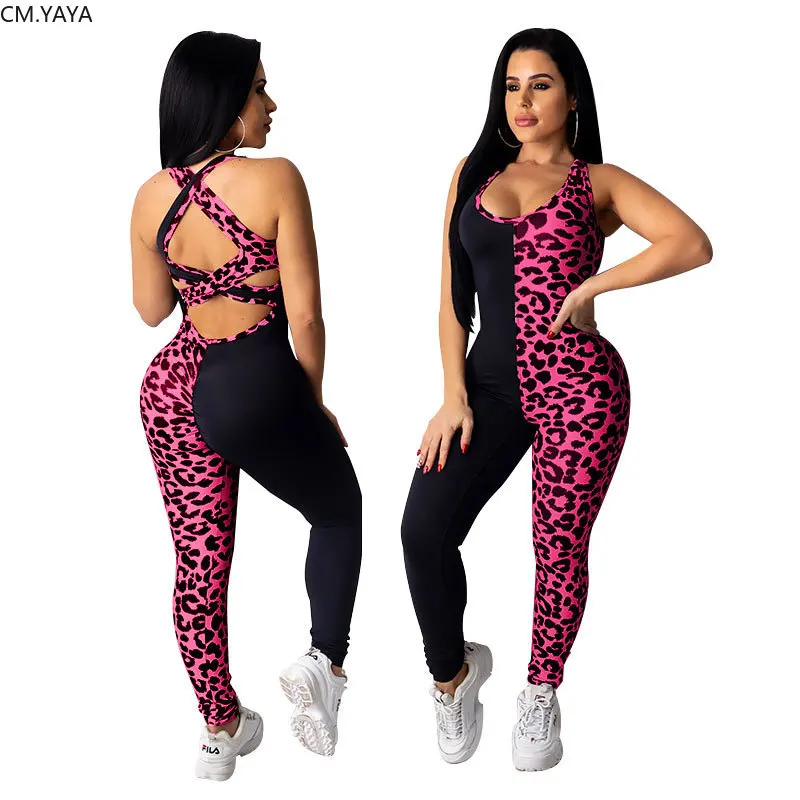 CM.YAYA Active Wear Leopard Print Patchwork Women Sleeveless Tank Open Back Bodycon Jumpsuit Streetwear One Piece Romper Overall |
