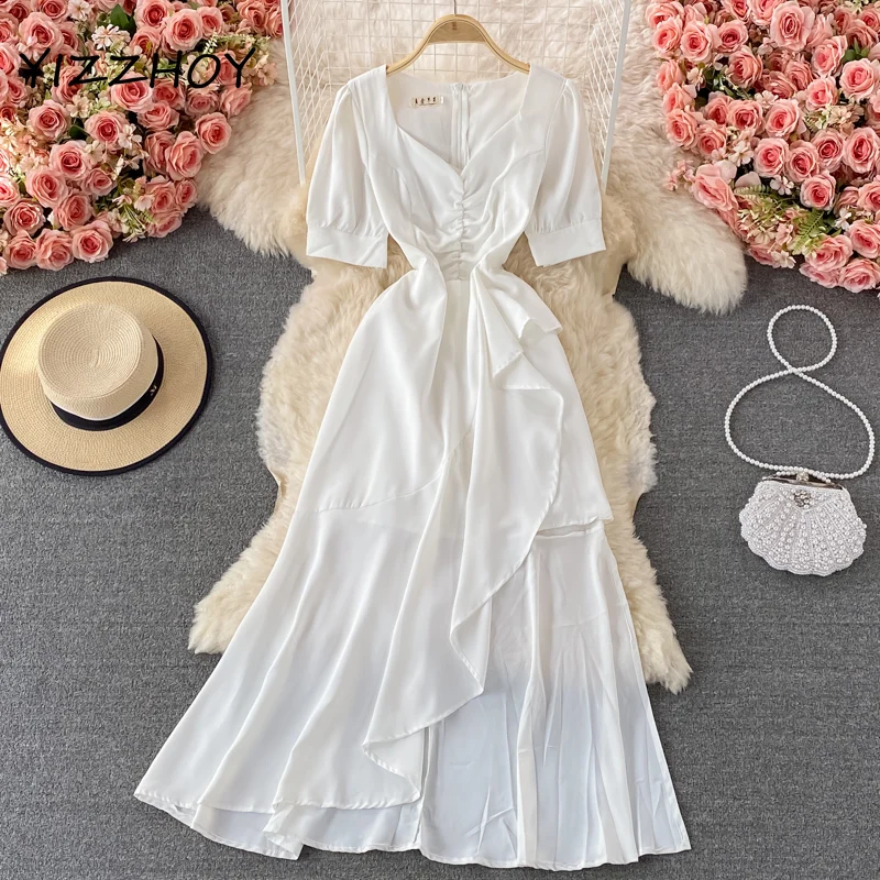 

YIZZHOY New Summer A Line V Neck Casual High Waist Ruffles Knee-Length Dress Women Elegant Solid Color Slim Lady Dress