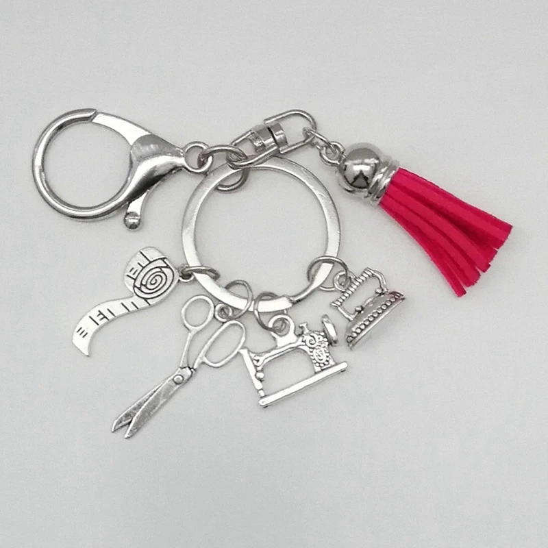 

NEW Fashion Jewelry Sewing Machine Keychain Tailor Scissors Keychain Leather Tape Fringe Beautiful Bag Keychain