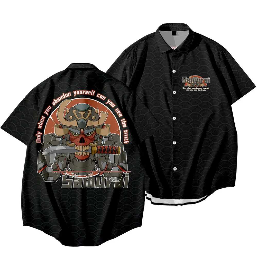 

Летние каникулы самуари черного цвета с рисунком короткий рукав Пляжные рубашки Для мужчин кнопка Гавайские рубашки уличной одежды для Для...