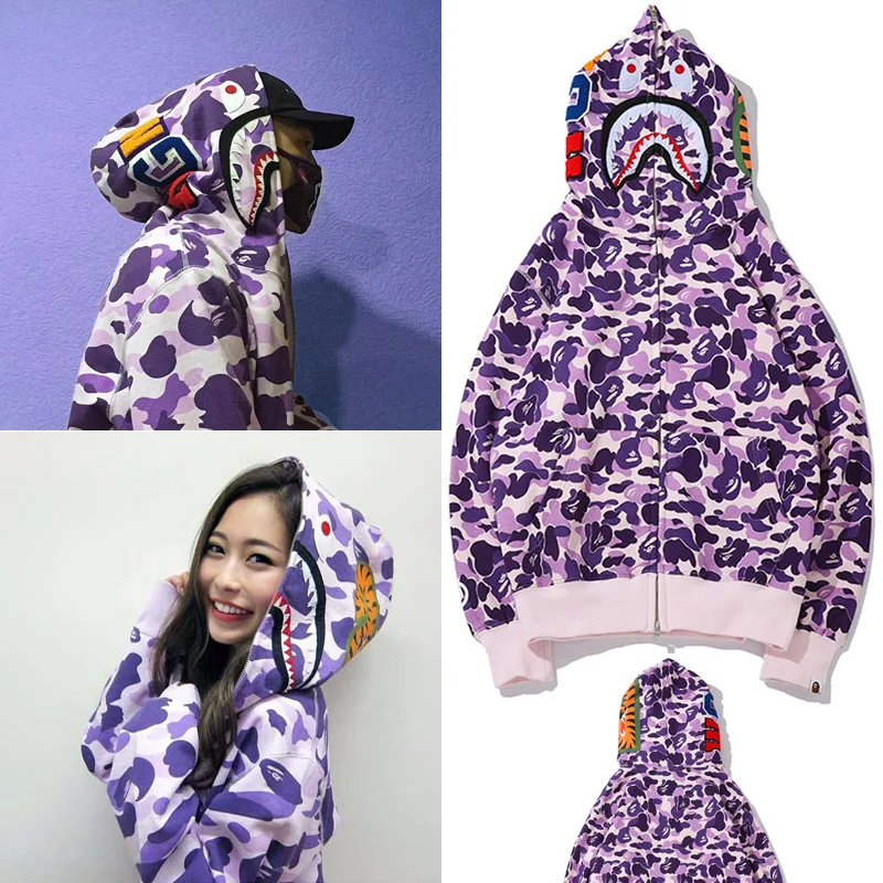 

Japanese Tide Brand 100% Cotton Shark Head Purple Camouflage Print Hoodie Men Women Casual Hoodie Sweatshirt Zipper jacket